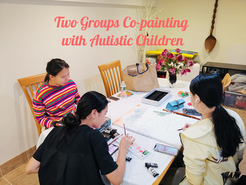 Two groups with special needs children for co-painting event